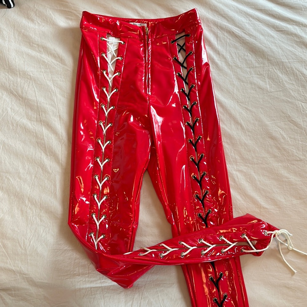 Oh Polly Red Latex Pants, White and Black Lack Up Legs, Size 4, Worn Once